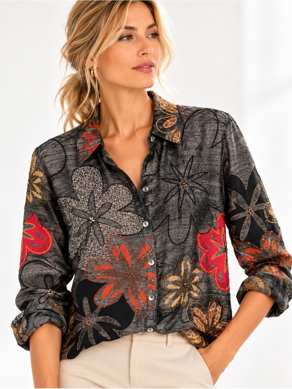 Chico’s Silk Metallic Embroidered Beaded Floral Shirt Size 2 Large